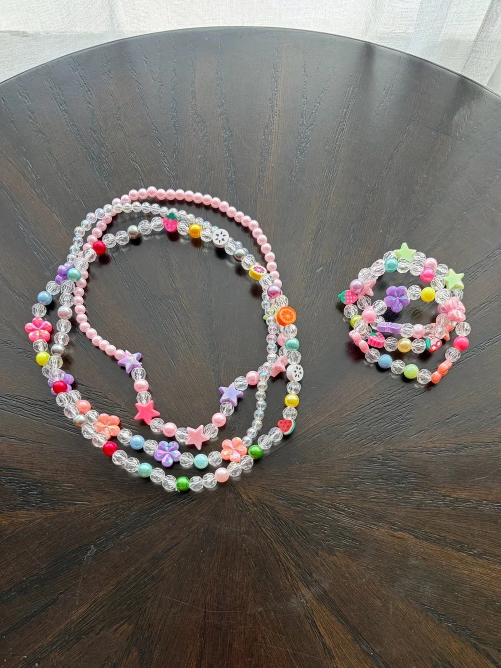 Colorful Beaded 3 Necklace & Bracelet Set Fruit Flower Star Charms NWT